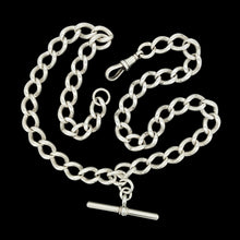 Load image into Gallery viewer, A silver curb link Albert chain with lobster clasp and T-bar