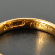 Load image into Gallery viewer, A plain yellow gold wedding band ring, hallmarked with 22 carat gold with a Birmingham assay stamp and Charles Green & Son maker's mark