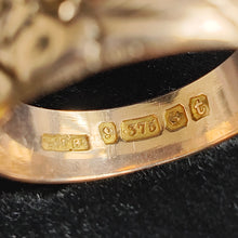 Load image into Gallery viewer, Antique 9ct Gold Embossed Band | Hallmarked Birmingham 1918 close-up of hallmark