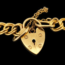 Load image into Gallery viewer, A yellow gold double link bracelet with a heart padlock and safety chain