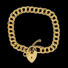 Load image into Gallery viewer, A yellow gold double link bracelet with a heart padlock and safety chain