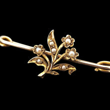Load image into Gallery viewer, A yellow gold floral bar brooch with seed pearls, close-up