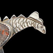 Load image into Gallery viewer, A silver long-necked dinosaur brooch with a hardstone body
