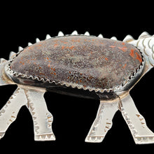 Load image into Gallery viewer, A silver long-necked dinosaur brooch with a hardstone body