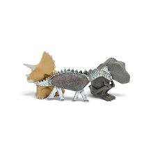 Load image into Gallery viewer, A silver long-necked dinosaur brooch with a hardstone body with two sitting dinosaur companions