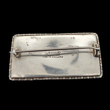 Load image into Gallery viewer, A rectangular silver brooch stamped T.L.M STERLING PAT 202213 MADE IN ENGLAND