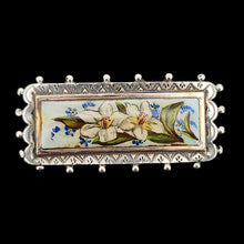 Load image into Gallery viewer, An oblong silver hobnail bead border brooch with an enamelled central plaque displaying flowers