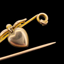Load image into Gallery viewer, Antique 9ct Gold Heart and Bow Bar Brooch close-up of the pin and catch, on a black background