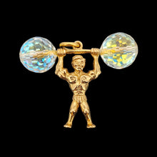 Load image into Gallery viewer, A yellow gold weightlifter charm pendant with a crystal barbell