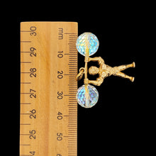 Load image into Gallery viewer, A yellow gold weightlifter charm pendant with a crystal barbell, next to a ruler