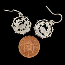 Load image into Gallery viewer, Victorian Silver Wading Bird Cut-Out Earrings next to a penny coin