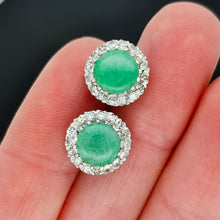 Load image into Gallery viewer, Vintage 9ct White Gold Jade and Diamond Cluster Stud Earrings in hand
