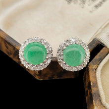 Load image into Gallery viewer, Vintage 9ct White Gold Jade and Diamond Cluster Stud Earrings in box