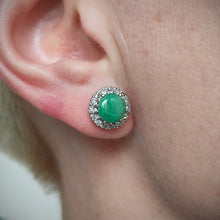 Load image into Gallery viewer, Vintage 9ct White Gold Jade and Diamond Cluster Stud Earrings modelled