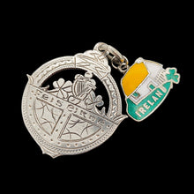 Load image into Gallery viewer, Vintage Sterling Silver Irish Fob Medal and Enamel Ireland Charm on black background