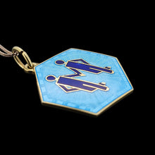 Load image into Gallery viewer, A hexagonal Gemini star sign pendant in blue enamel, with a chain