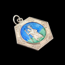 Load image into Gallery viewer, A hexagonal silver Saint Christopher pendant with blue and green enamel