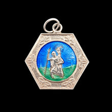Load image into Gallery viewer, A hexagonal silver Saint Christopher pendant with blue and green enamel