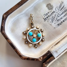Load image into Gallery viewer, Victorian 15ct Gold Turquoise, Seed Pearl and Enamel Pendant in box