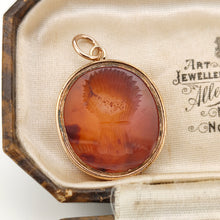 Load image into Gallery viewer, An oval carnelian intaglio pendant displaying a wheatsheaf, in an antique box