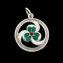 Load image into Gallery viewer, A silver enamel clover triskelion pendant, on a black background