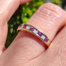 Load image into Gallery viewer, Vintage 9ct Yellow Gold Amethyst and Diamond Half Eternity Ring modelled on the ring finger