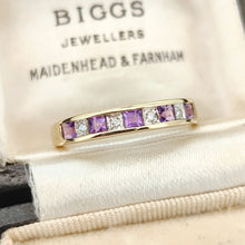 Load image into Gallery viewer, Vintage 9ct Yellow Gold Amethyst and Diamond Half Eternity Ring shown in an antique ring box