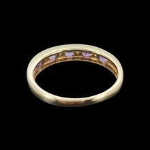 Load image into Gallery viewer, Vintage 9ct Yellow Gold Amethyst and Diamond Half Eternity Ring view from behind, on a black background
