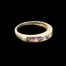 Load image into Gallery viewer, Vintage 9ct Yellow Gold Amethyst and Diamond Half Eternity Ring side view, on a black background