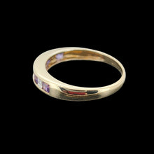 Load image into Gallery viewer, Vintage 9ct Yellow Gold Amethyst and Diamond Half Eternity Ring side view, on a black background