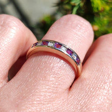 Load image into Gallery viewer, Vintage 9ct Yellow Gold Amethyst and Diamond Half Eternity Ring modelled on the ring finger