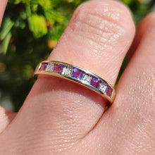 Load image into Gallery viewer, Vintage 9ct Yellow Gold Amethyst and Diamond Half Eternity Ring modelled on the ring finger