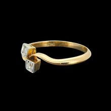 Load image into Gallery viewer, Antique 18ct Yellow Gold Diamond Two Stone Crossover Ring viewed from the side, on a black background