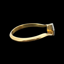 Load image into Gallery viewer, Antique 18ct Yellow Gold Diamond Two Stone Crossover Ring viewed from the side, on a black background