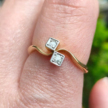 Load image into Gallery viewer, Antique 18ct Yellow Gold Diamond Two Stone Crossover Ring modelled on the index finger