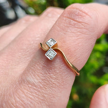 Load image into Gallery viewer, Antique 18ct Yellow Gold Diamond Two Stone Crossover Ring modelled on the index finger