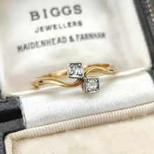 Load image into Gallery viewer, Antique 18ct Yellow Gold Diamond Two Stone Crossover Ring sitting in an antique ring box