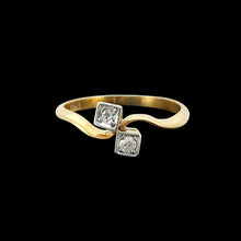 Load image into Gallery viewer, Antique 18ct Yellow Gold Diamond Two Stone Crossover Ring viewed from the front, on a black background