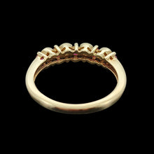 Load image into Gallery viewer, Vintage 9ct Yellow Gold Ruby and Diamond Scalloped Edge Ring viewed from behind, on a black background