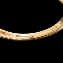 Load image into Gallery viewer, Vintage 9ct Yellow Gold Ruby and Diamond Scalloped Edge Ring close-up of the hallmark inside the shank