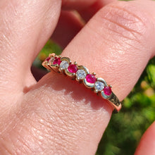 Load image into Gallery viewer, Vintage 9ct Yellow Gold Ruby and Diamond Scalloped Edge Ring modelled on the index finger