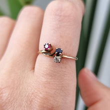 Load image into Gallery viewer, Antique 15ct Gold Ruby, Sapphire and Diamond Three Stone Ring modelled