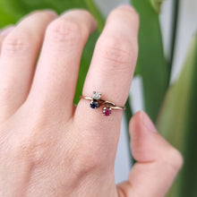Load image into Gallery viewer, Antique 15ct Gold Ruby, Sapphire and Diamond Three Stone Ring modelled
