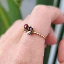 Load image into Gallery viewer, Antique 15ct Gold Ruby, Sapphire and Diamond Three Stone Ring modelled