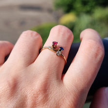 Load image into Gallery viewer, Antique 15ct Gold Ruby, Sapphire and Diamond Three Stone Ring modelled
