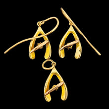 Load image into Gallery viewer, Antique 18ct Gold Diamond, Ruby, Sapphire & Pearl Wishbone Pendant with Earrings backs