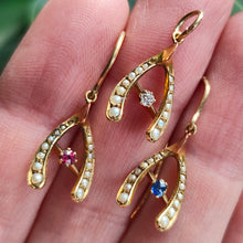 Load image into Gallery viewer, Antique 18ct Gold Diamond, Ruby, Sapphire & Pearl Wishbone Pendant with Earrings in hand