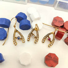 Load image into Gallery viewer, Antique 18ct Gold Diamond, Ruby, Sapphire & Pearl Wishbone Pendant with Earrings with wax beads