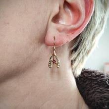 Load image into Gallery viewer, Antique 18ct Gold Diamond, Ruby, Sapphire & Pearl Wishbone Pendant with Earrings modelled in ear