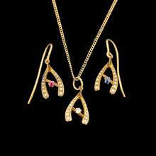 Load image into Gallery viewer, Antique 18ct Gold Diamond, Ruby, Sapphire & Pearl Wishbone Pendant with Earrings with chain